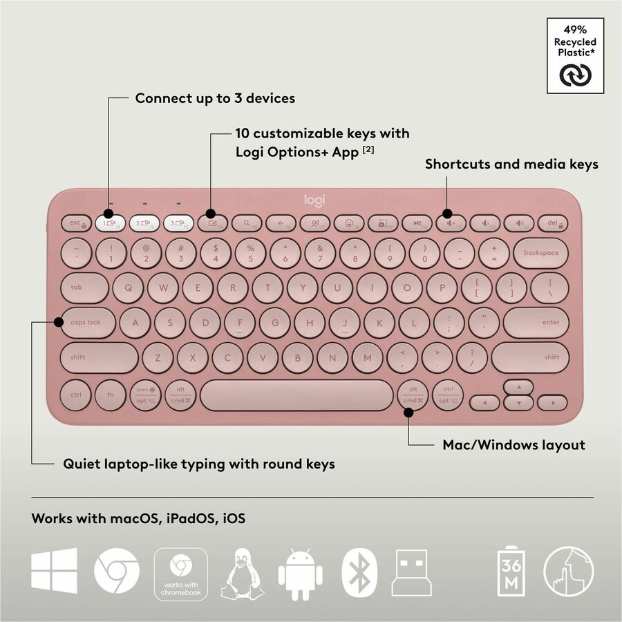 Logitech Pebble 2 Combo Wireless Keyboard and Mouse in Tonal Rose – Quiet, Portable, Recycled Plastic Design