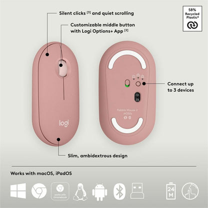 Logitech Pebble 2 Combo Wireless Keyboard and Mouse in Tonal Rose – Quiet, Portable, Recycled Plastic Design