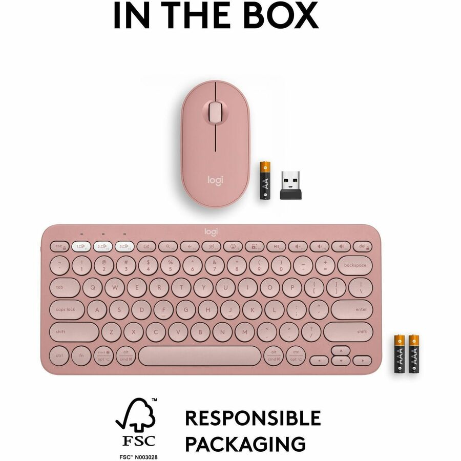 Logitech Pebble 2 Combo Wireless Keyboard and Mouse in Tonal Rose – Quiet, Portable, Recycled Plastic Design