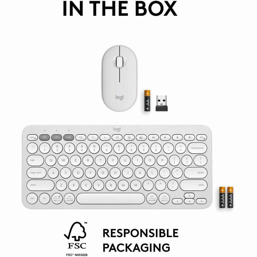 Logitech Pebble 2 Combo Wireless Keyboard and Mouse - Quiet, Portable, Recycled Plastic, Tonal White