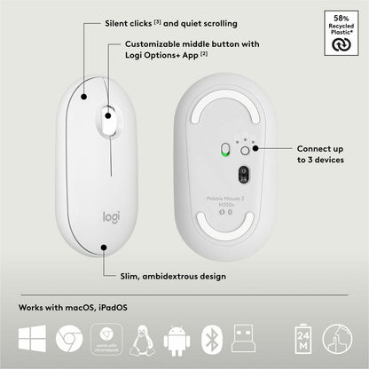 Logitech Pebble 2 Combo Wireless Keyboard and Mouse - Quiet, Portable, Recycled Plastic, Tonal White