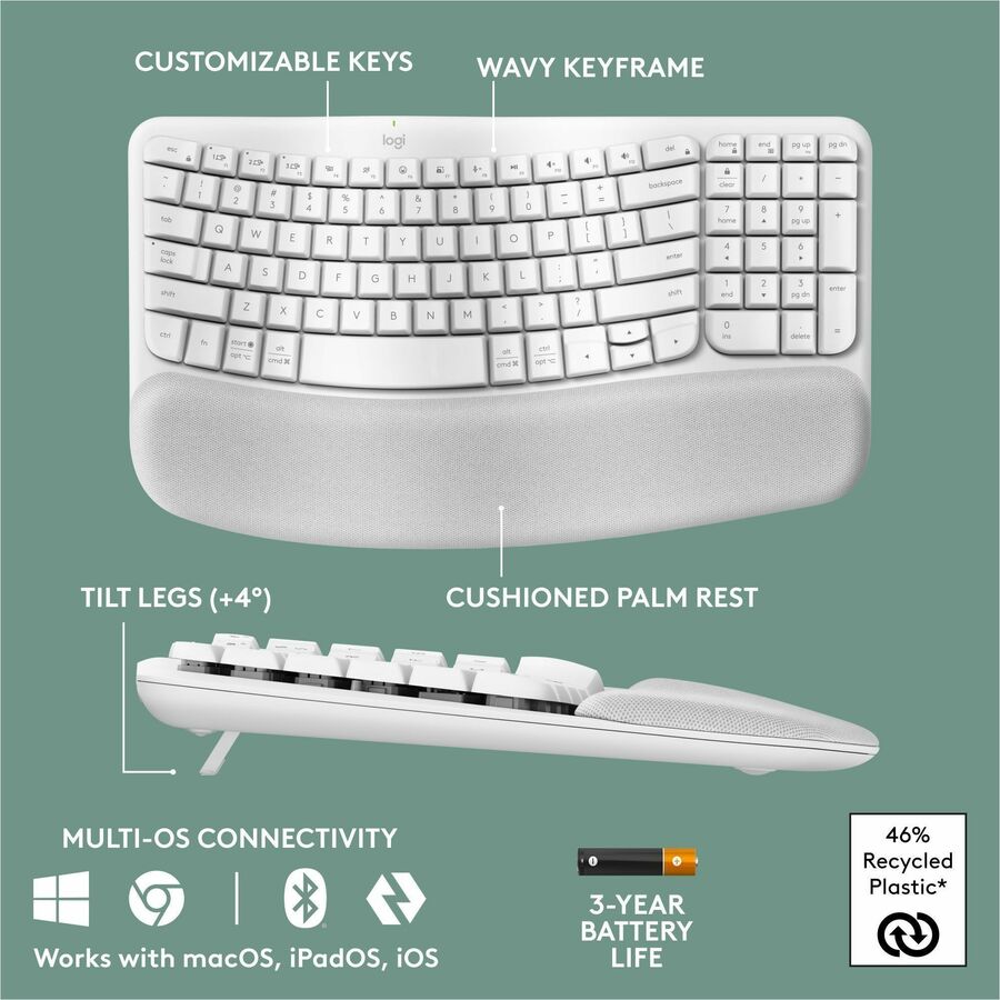 Logitech Wave Keys Wireless Ergonomic Keyboard with Cushioned Palm Rest, Natural Typing Comfort, Easy-Switch, Off White