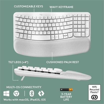 Logitech Wave Keys Wireless Ergonomic Keyboard with Cushioned Palm Rest, Natural Typing Comfort, Easy-Switch, Off White