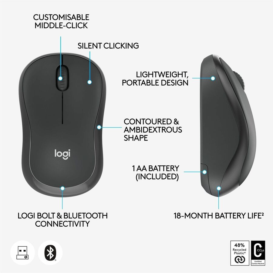 Logitech M240 for Business Silent Wireless Mouse with Logi Bolt USB Receiver – Graphite