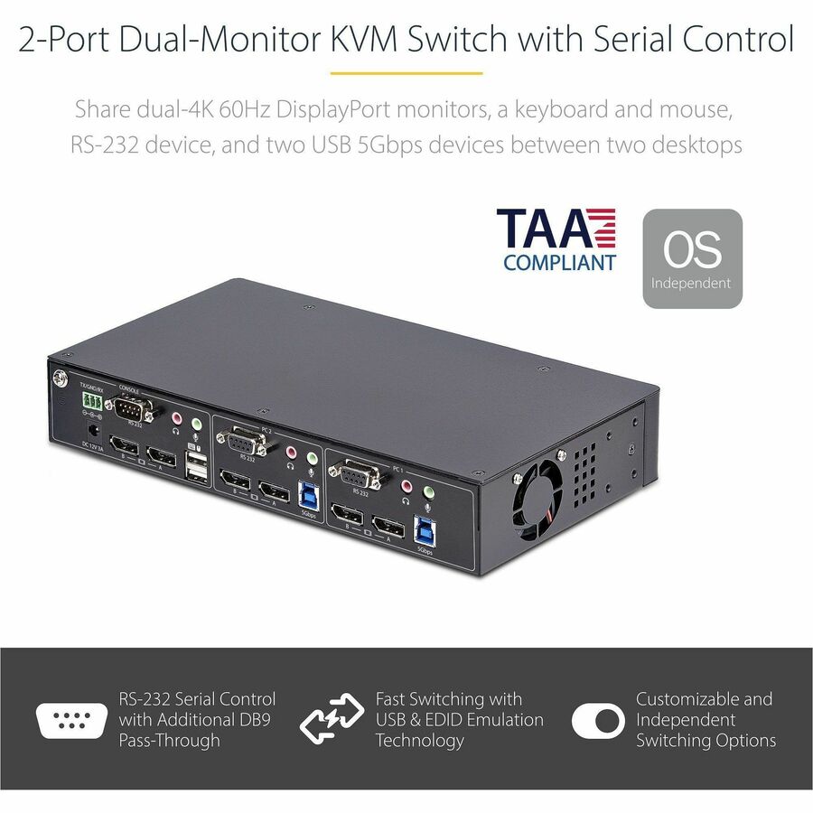 StarTech.com P2DD46A22-KVM-SWITCH Dual-Monitor DisplayPort KVM Switch with RS232 Control and 4K Support