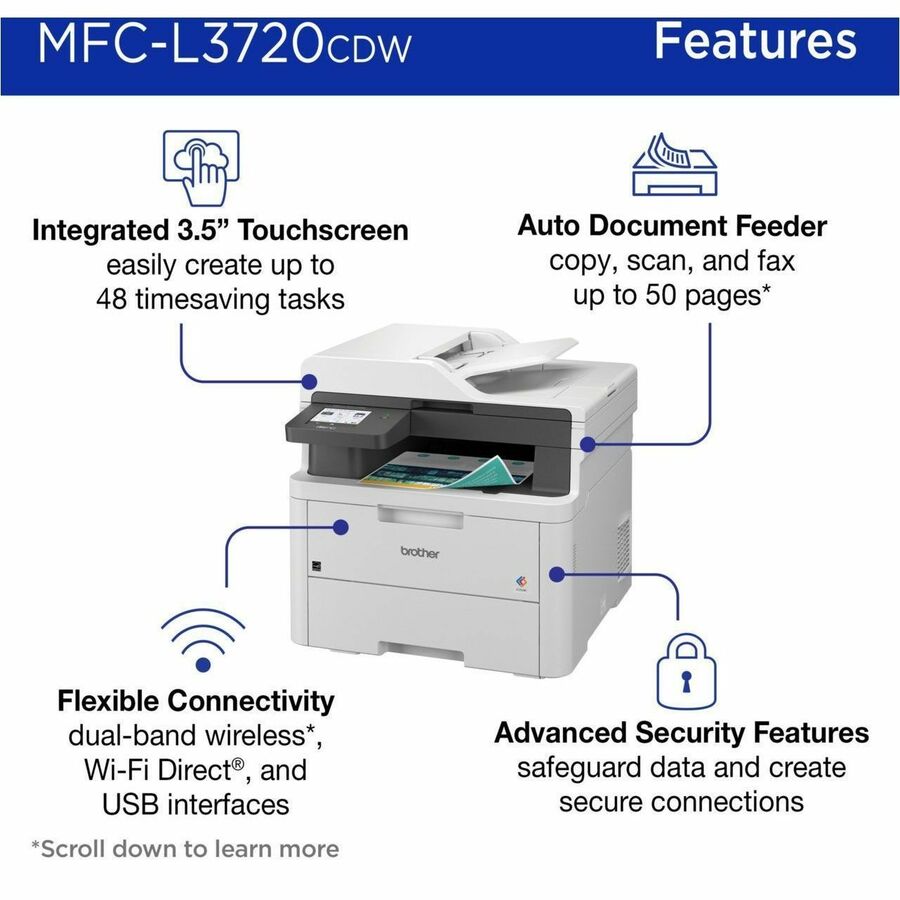 Brother MFC-L3720CDW Wireless Color All-in-One Printer with Laser Output and Duplex Printing