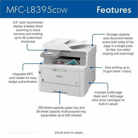 Brother Workhorse MFC-L8395CDW Wireless Color All-in-One Printer with Duplex Scanning and High-Speed Printing