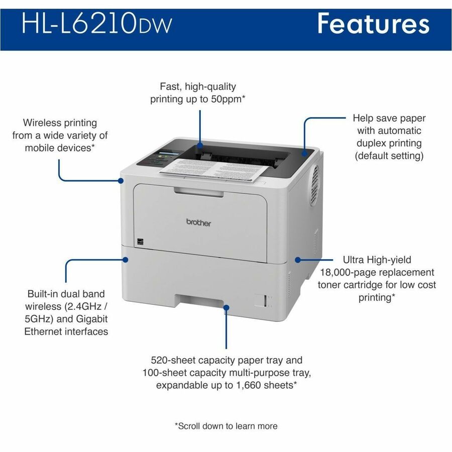 Brother HL-L6210DW Business Monochrome Laser Printer with Large Paper Capacity and Wireless Connectivity