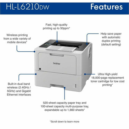 Brother HL-L6210DW Business Monochrome Laser Printer with Large Paper Capacity and Wireless Connectivity