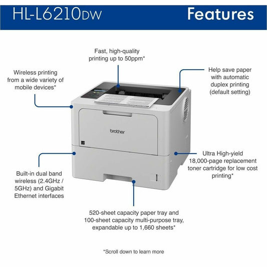 Brother HL-L6210DW Business Monochrome Laser Printer with Large Paper Capacity and Wireless Connectivity