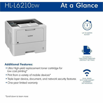 Brother HL-L6210DW Business Monochrome Laser Printer with Large Paper Capacity and Wireless Connectivity