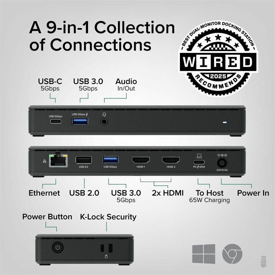 Plugable UDMSTH2 USB-C Dual Monitor Docking Station with 65W Power Delivery and HDMI 4K Support