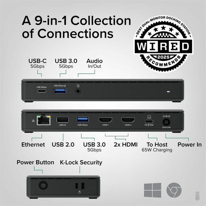 Plugable UDMSTH2 USB-C Dual Monitor Docking Station with 65W Power Delivery and HDMI 4K Support