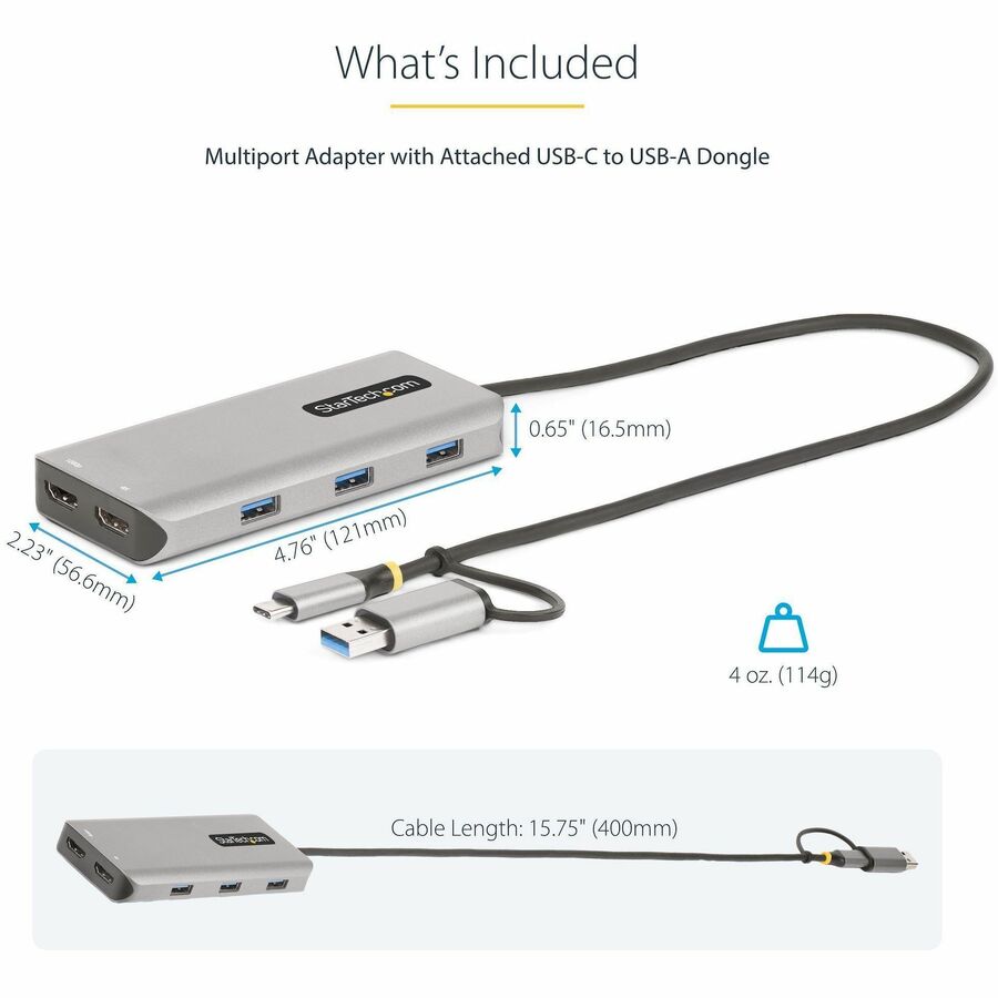 StarTech.com USB-C Multiport Adapter with Dual HDMI 4K Support and USB-A Hub - Space Gray