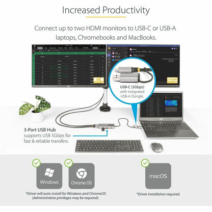 StarTech.com USB-C Multiport Adapter with Dual HDMI 4K Support and USB-A Hub - Space Gray