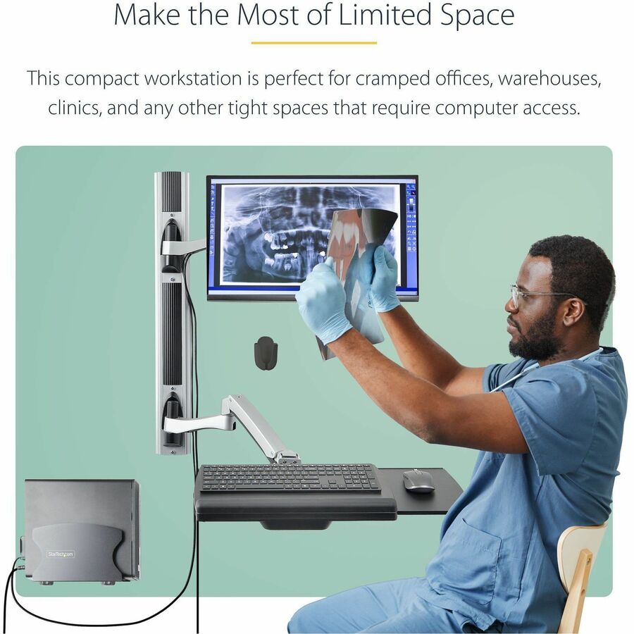 StarTech.com Wall Mount Workstation with VESA Monitor & Keyboard Tray – Space-Saving Sit-Stand Desk for Small Offices and Clinics