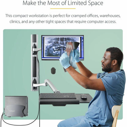 StarTech.com Wall Mount Workstation with VESA Monitor & Keyboard Tray – Space-Saving Sit-Stand Desk for Small Offices and Clinics