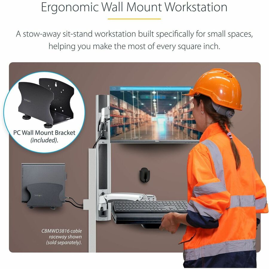 StarTech.com Wall Mount Workstation with VESA Monitor & Keyboard Tray – Space-Saving Sit-Stand Desk for Small Offices and Clinics