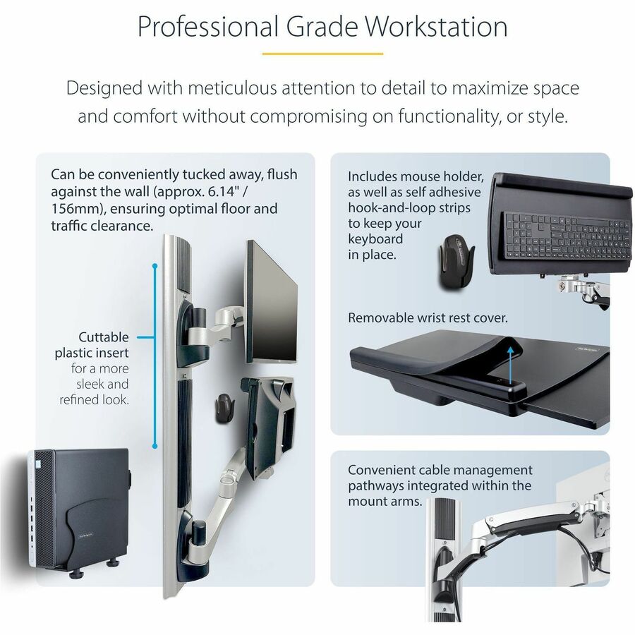 StarTech.com Wall Mount Workstation with VESA Monitor & Keyboard Tray – Space-Saving Sit-Stand Desk for Small Offices and Clinics