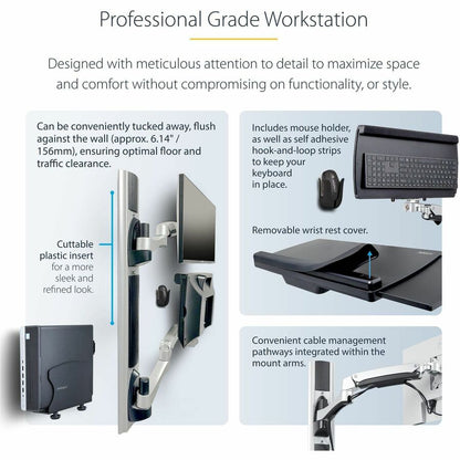 StarTech.com Wall Mount Workstation with VESA Monitor & Keyboard Tray – Space-Saving Sit-Stand Desk for Small Offices and Clinics