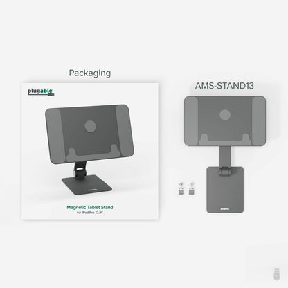 Plugable Magnetic Tablet Stand for iPad Pro 12.9 inch - Adjustable Aluminum Holder with 360° Rotation and Padded Support