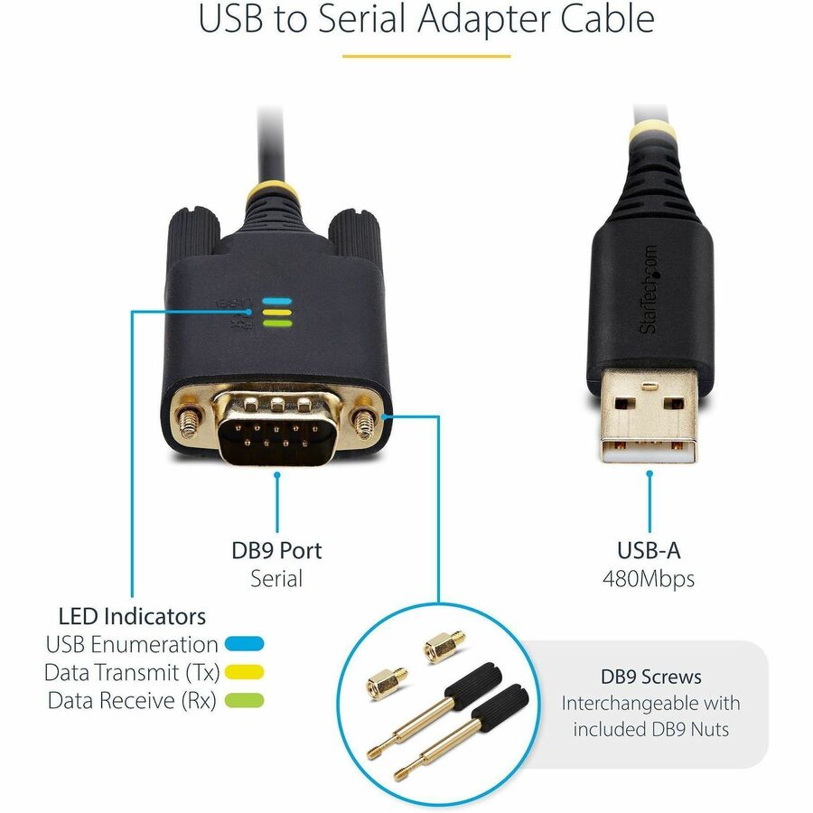 StarTech.com 3ft USB to Serial Adapter Cable with COM Retention and FTDI Chipset