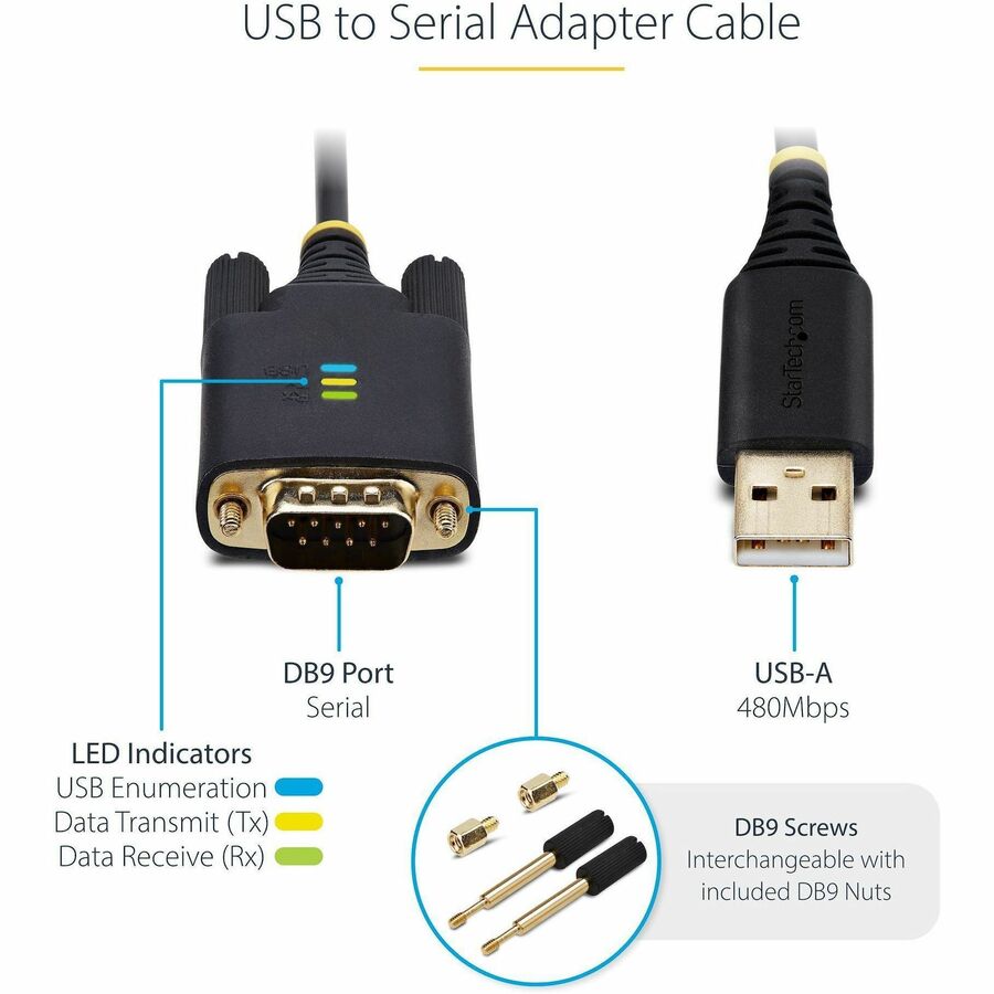 StarTech.com 10ft USB to Serial Adapter Cable with COM Retention - DB9 RS-232, FTDI Chipset
