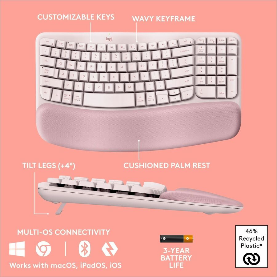 Logitech Wave Keys Wireless Ergonomic Keyboard with Cushioned Palm Rest – Rose