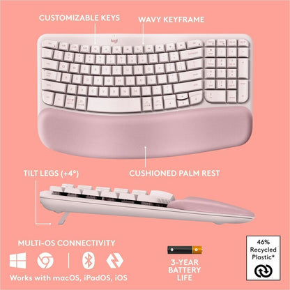 Logitech Wave Keys Wireless Ergonomic Keyboard with Cushioned Palm Rest – Rose