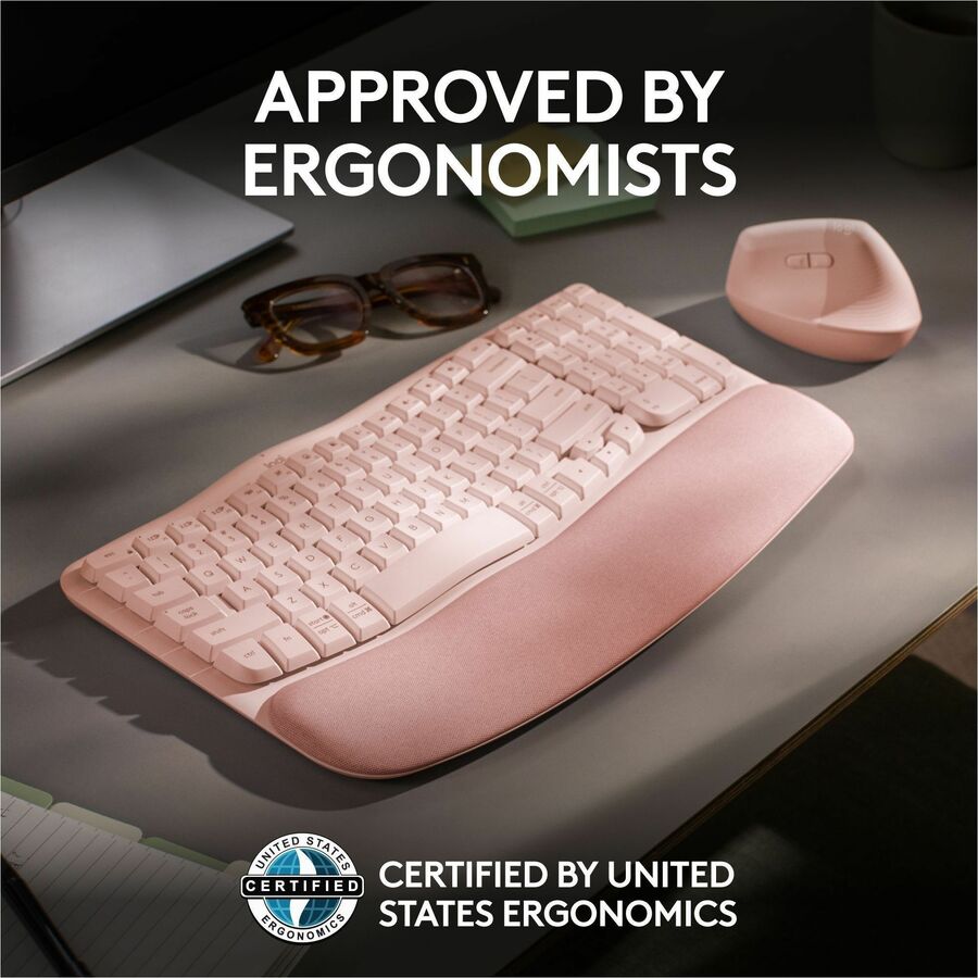 Logitech Wave Keys Wireless Ergonomic Keyboard with Cushioned Palm Rest – Rose