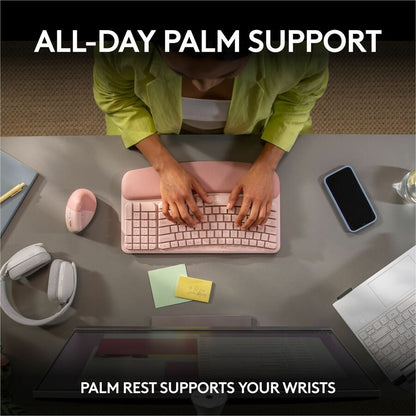 Logitech Wave Keys Wireless Ergonomic Keyboard with Cushioned Palm Rest – Rose
