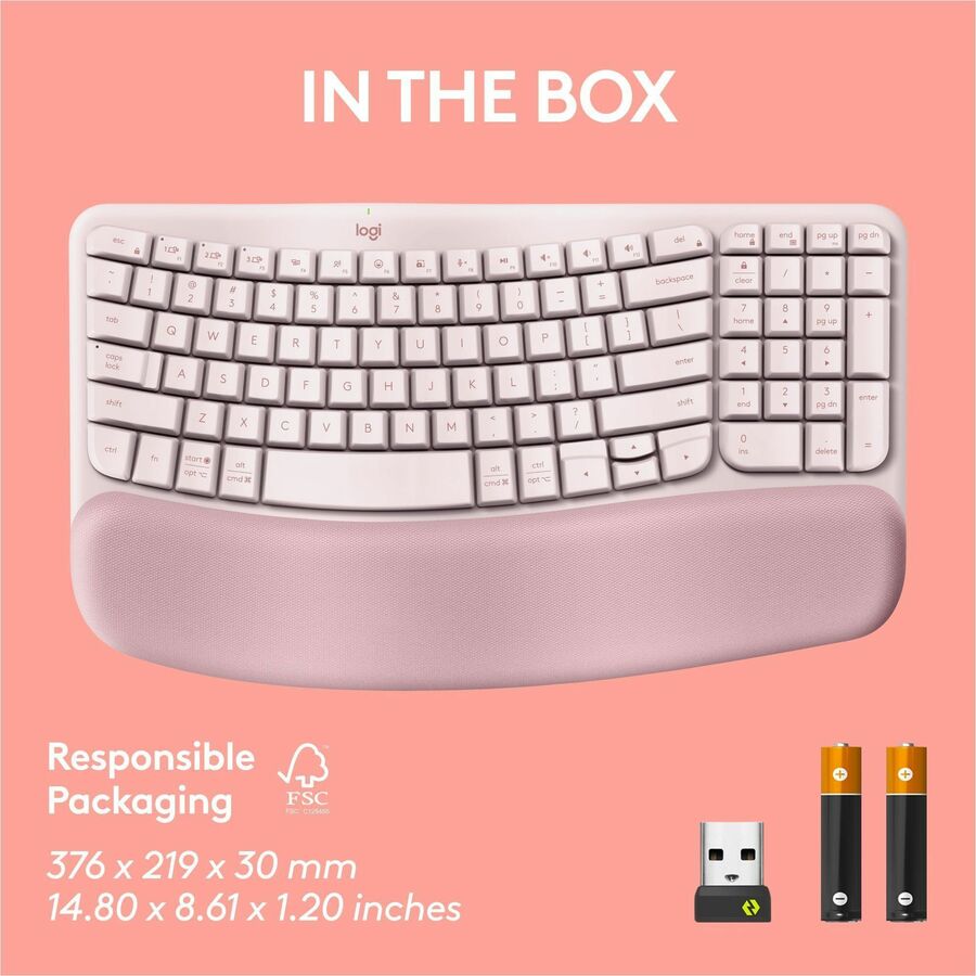 Logitech Wave Keys Wireless Ergonomic Keyboard with Cushioned Palm Rest – Rose