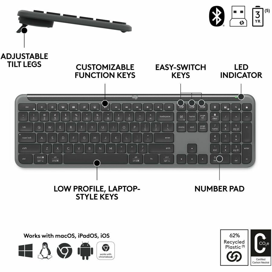 Logitech Signature Slim MK955 Wireless Keyboard and Mouse Combo for Business - Quiet, Secure, Multi-Device Connectivity in Graphite