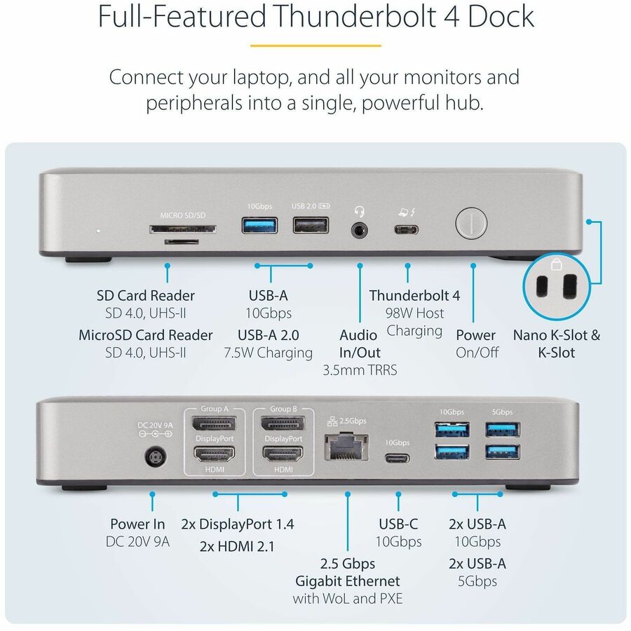 StarTech.com Universal USB4 and Thunderbolt 4 Docking Station with Quad and Dual Display Support, 98W Power Delivery and Enterprise Management