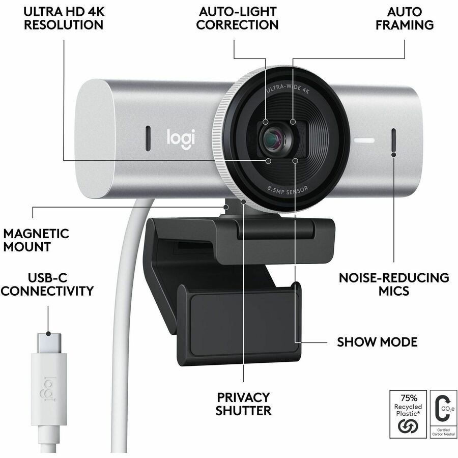 Logitech MX Brio Ultra HD 4K Webcam with Noise Reduction and Show Mode