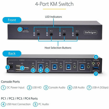 StarTech.com 4-Port KM Switch with Mouse Roaming and USB Audio for Multiple Computers
