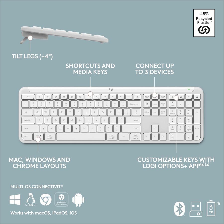 Logitech Signature Slim K950 Wireless Keyboard – Off White, Multi-Device Bluetooth Connectivity, Quiet Laptop-Style Typing