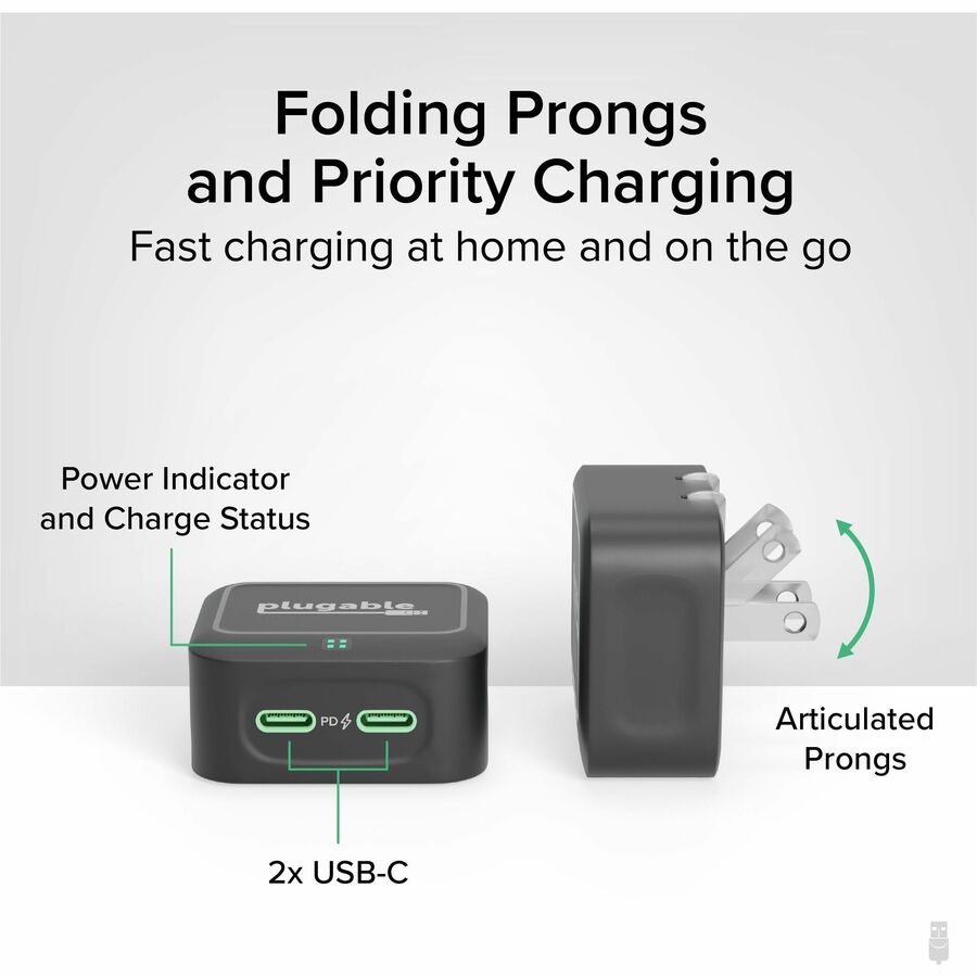 Plugable Technologies Dual USB-C Wall Charger PS-40C2B – 40W Fast Charging with Dual Ports and Compact Design