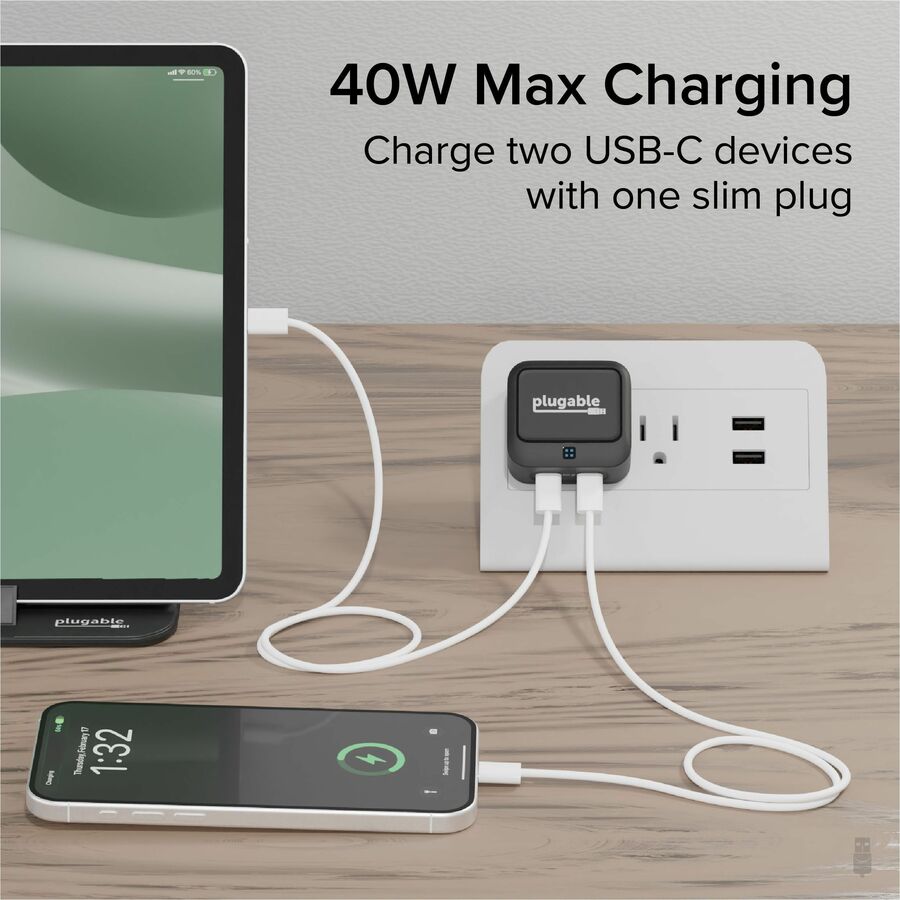 Plugable Technologies Dual USB-C Wall Charger PS-40C2B – 40W Fast Charging with Dual Ports and Compact Design
