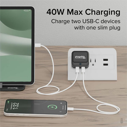 Plugable Technologies Dual USB-C Wall Charger PS-40C2B – 40W Fast Charging with Dual Ports and Compact Design