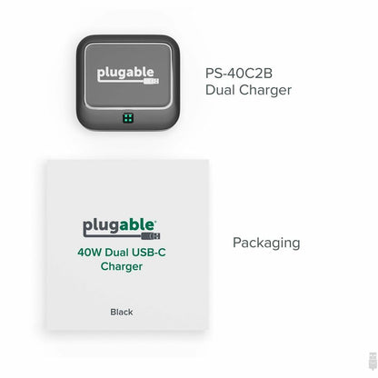 Plugable Technologies Dual USB-C Wall Charger PS-40C2B – 40W Fast Charging with Dual Ports and Compact Design