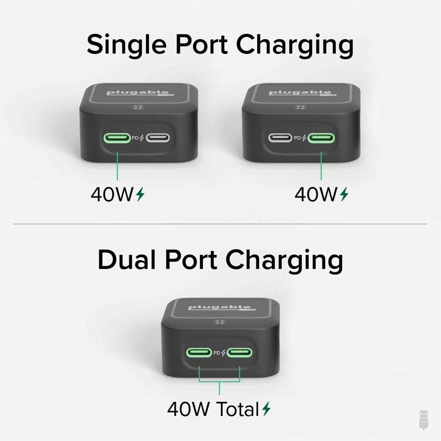 Plugable Technologies Dual USB-C Wall Charger PS-40C2B – 40W Fast Charging with Dual Ports and Compact Design