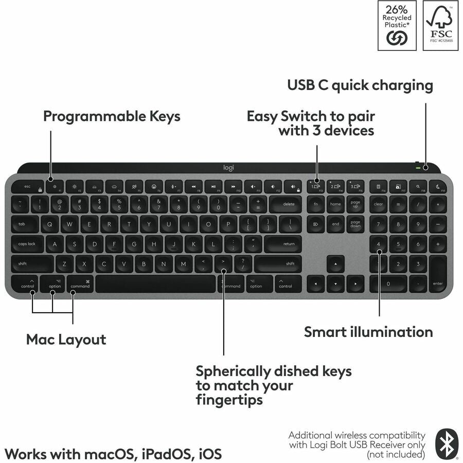 Logitech MX Keys S for Mac Wireless Keyboard - Space Gray with Backlit, Programmable Smart Actions, and Bluetooth Connectivity