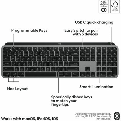 Logitech MX Keys S for Mac Wireless Keyboard - Space Gray with Backlit, Programmable Smart Actions, and Bluetooth Connectivity