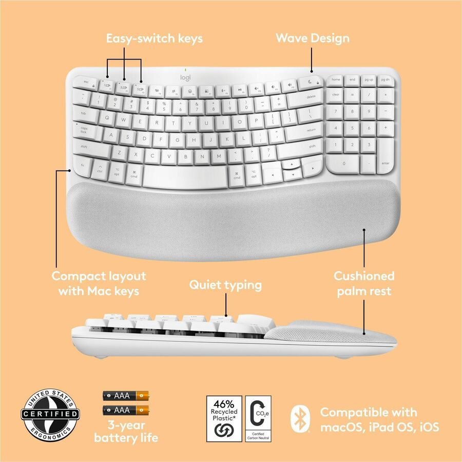 Logitech Wave Keys for Mac Wireless Ergonomic Keyboard with Cushioned Palm Rest – Off White