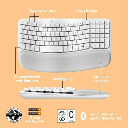 Logitech Wave Keys for Mac Wireless Ergonomic Keyboard with Cushioned Palm Rest – Off White
