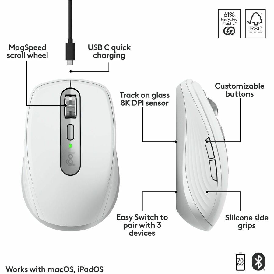 Logitech MX Anywhere 3S for Mac - Compact Wireless Bluetooth Mouse with 8K DPI and Quiet Clicks in Pale Gray