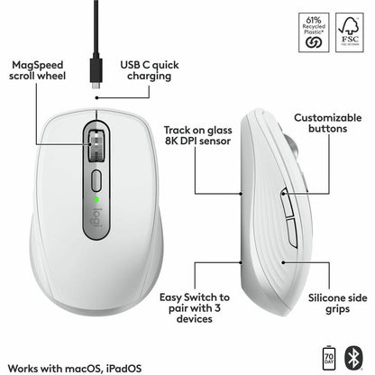 Logitech MX Anywhere 3S for Mac - Compact Wireless Bluetooth Mouse with 8K DPI and Quiet Clicks in Pale Gray