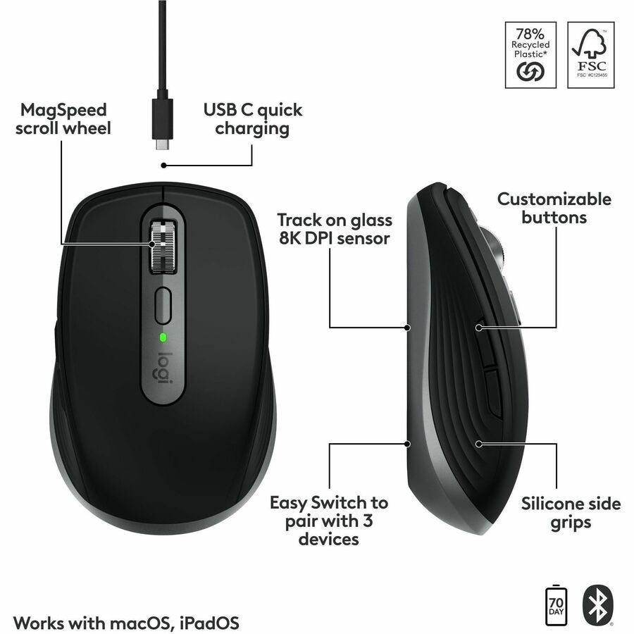 Logitech MX Anywhere 3S for Mac - Compact Wireless Bluetooth Mouse with 8K DPI, Quiet Clicks, Space Gray