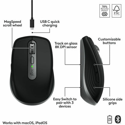 Logitech MX Anywhere 3S for Mac - Compact Wireless Bluetooth Mouse with 8K DPI, Quiet Clicks, Space Gray